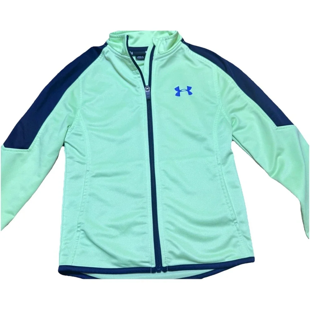 Under Armour‎ Track Jacket Boys Size 6. Neon Green Blue Sleeves Full zip